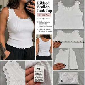White Ribbed Knit Tank Top Womens XL Scallop Trim Sleeveless Stretch Crop